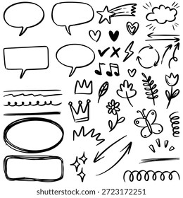 Conjunto de elementos de doodle desenhado à mão, bolhas de fala, setas, corações e ornamentos florais Vetor de ilustração