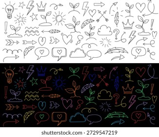 Conjunto de elementos de doodle desenhados à mão com bulbo de folha de estrela de coroa de coração e símbolos de seta em fundo preto e branco