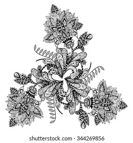 Hand drawn doodle element in vector. Ethnic zen-tangle design. Black and white version.