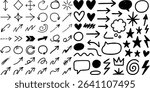 Hand Drawn Doodle Elements Arrows, Hearts, Stars, Speech Bubbles, and Icons on White Background Flat arrow vector, diverse direction vector illustration