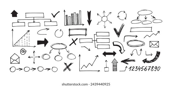 Gran conjunto de elementos dibujados a mano para notas de negocios. Esbozos para ilustrar la información empresarial. Esbozar notas