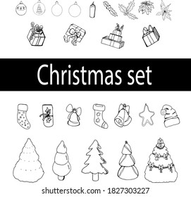 Hand drawn doodle elements for Christmas design. Christmas banner black and white cartoon elements.