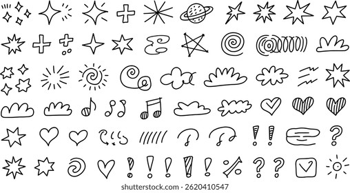 Hand drawn doodle elements collection of stars hearts clouds and symbols