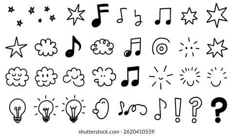 Hand drawn doodle elements collection with stars music notes clouds light bulbs