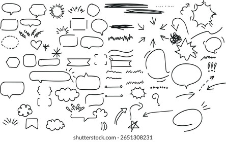 Hand drawn doodle elements compose a creative and versatile design for digital layouts and artistic applications, including speech bubbles and arrows.