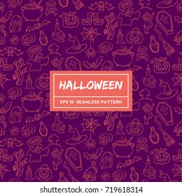 Hand drawn doodle elements of halloween celebration. Editable seamless pattern. Vector illustration.