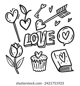 Hand drawn doodle elements Happy Valentines day set collection. Black color in cartoon style vector illustration.