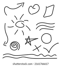 Hand drawn doodle elements heart, sun, circle etc  for concept design isolated on white background. vector illustration.