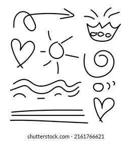 Handgezeichnete doodle Elemente Herz, Sonne, Kreis usw. für Concept Design einzeln auf weißem Hintergrund. Vektorgrafik.