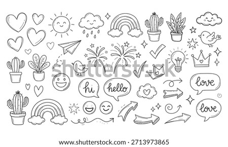 Hand drawn Doodle elements including hearts, smiling sun and clouds, rainbows, potted plants, and speech bubbles.