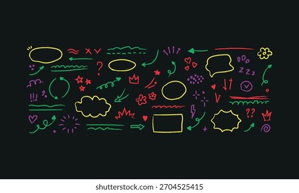 Hand drawn doodle elements on dark background for graphic design