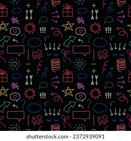Hand drawn doodle elements seamless pattern. Dark theme. Cartoon illustrations on black background. Neon elements texture. Hand drawn Abstract shapes.