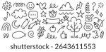 Hand drawn doodle elements set. Fun black outline symbols including arrows, stars, clouds, speech bubbles, flowers, check marks, and abstract icons. Vector sketch style for decoration, social media