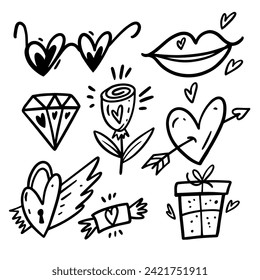 Handgezeichnete doodle Elemente Set Valentins Tag Vektorklammer Kunst. Einzeln auf weißem Hintergrund.