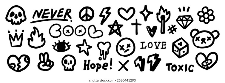 Hand Drawn Doodle Elements Set in Black with Brush Texture Including Skull Flames Hearts Dice Lightning Eyes Text Symbols and Icons in Bold Style Vector Illustration