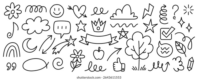 Hand drawn doodle elements set. Fun black outline symbols including arrows, stars, clouds, speech bubbles, flowers, check marks, and abstract icons. Vector sketch style for decoration, social media
