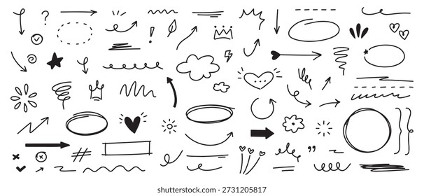 Conjunto de elementos de rabiscar desenhado à mão. Esboçar setas, estrelas, corações e linhas de rabisco decorativas.Perfeito para decoração de texto, destaques, notas, planejadores, apresentações e projetos de design criativo.