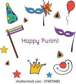 Hand drawn doodle elements set for Jewish holiday Purim isolated on white background. Vector illustration good gor textile, sites, banners, brochures, greetings, cards etc