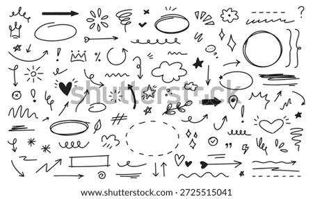 Hand drawn doodle elements set. Sketch arrows, stars, hearts and decorative scribble lines. Perfect for text decoration, highlights, notes, planners, presentations and creative design projects.