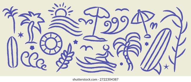 Handgezeichnete Doodle-Elemente mit Surfbrett, Palmen, Surfer, Schirm, Schwimmring, Sonne und Pflanzen. Geeignet für T-Shirt-Design, Poster und mehr