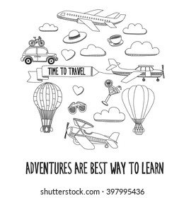 Hand drawn doodle elements Travel and adventure Kids drawing