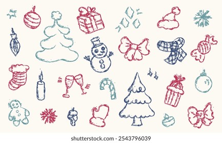 Hand drawn doodle elements - Xmas trees, snowmen, bows, stockings, presents, candy cane, ornaments, snowflakes, candles and festive decorations for Christmas, New Year isolated on white background 