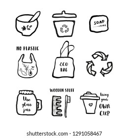 Hand drawn doodle elements of zero waste lifestyle. Eco style illustration set