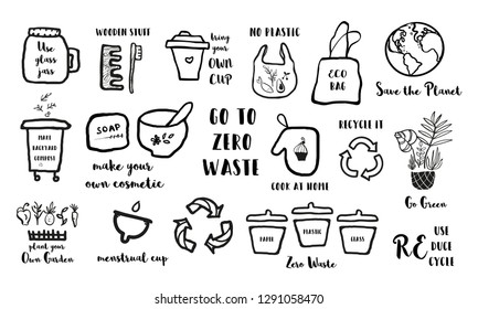 Hand drawn doodle elements of zero waste lifestyle. Eco style illustration set