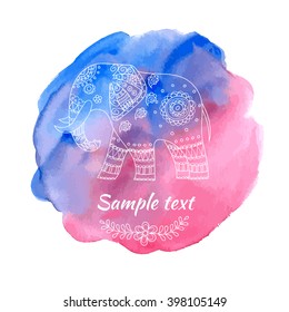 Hand drawn doodle elephant on watercolor background. Template for poster or card
