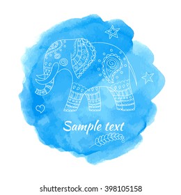 Hand drawn doodle elephant on watercolor background. Template for poster or card