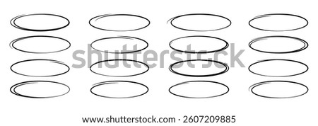 Hand drawn doodle ellipses or ovals. Scribble ovals for highlight text. Different brush drawn black circles. Marker round elements isolated on white background. Vector, eps 10.