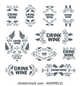 Hand drawn doodle emblems set. Line vector illustration. Card, poster, banner design element. Text message drink wine. Black and white monochrome stamps isolated from white background.