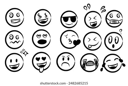 Hand Drawn doodle Emoji face icon set. Hand drawn sketch style. Emoji with different emotion mood, happy, sad, smile face. Comic line art vector illustration. Doodle Vector Sketch Illustration