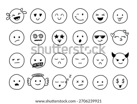 Hand drawn doodle emoji faces with various expressions. Cute freehand linear smiley characters