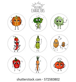 Hand drawn doodle emoji Vegetables characters icons set. Vector illustration Cartoon symbols collection Different kinds of veggies Smiles Face emotions Pumpkin Potato Tomato Broccoli Pepper Squash