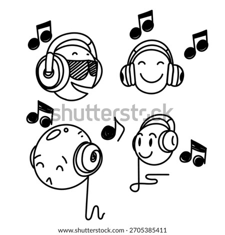 hand drawn doodle emoticon head with headset music note illustration
