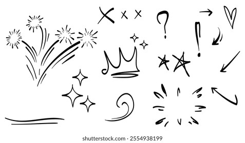 Hand drawn of doodle emphasis design element. Fireworks, arrow, heart, love, crown, star and more element. use for concept design. vector illustration