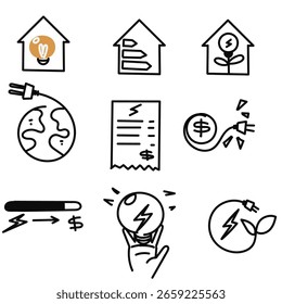 dibujado a mano doodle Icono de eficiencia energética conjunto de ilustración relacionada