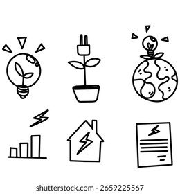 hand drawn doodle Energy Efficiency icon related illustration set