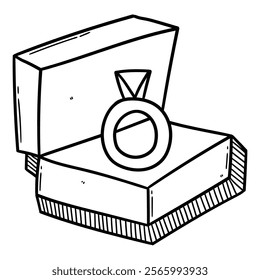 Hand drawn doodle engagement ring in a box isolated on a white background. Vector illustration.