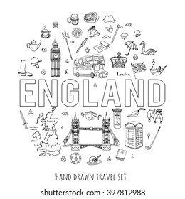 Hand drawn doodle England set Vector illustration United Kingdom icons  Welcome to London elements British symbols collection Bus Horse riding Golf Crown Beer Lion Bulldog London bridge Big Ben Tower