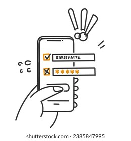 doodle dibujado a mano introduciendo contraseña errónea en vector de ilustración móvil