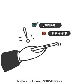 handgezeichnete Doodle, die ein falsches Passwort auf der mobilen Vektorgrafik eingegeben hat