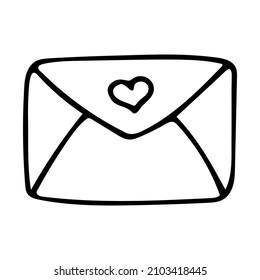Sobre de doodle dibujado a mano con corazón. Clíparte de la carta de amor del vector. Esquema.