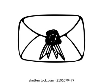 Hand drawn doodle envelope with wax seal. Vector clipart. Letter with wax stamp. Outline.