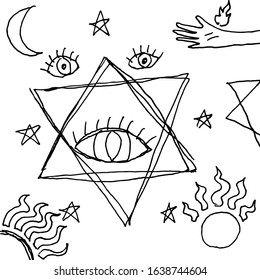 Hand drawn doodle esoteric pattern. Black and white sketch background. Mystic eye, stars, sun, moon and hand. Vector illustration.