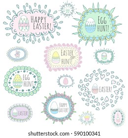 Hand drawn doodle Ester eggs icons with funny frames set Vector illustration.spring bunny symbols collection Cartoon decoration elements: egg, rabbit, basket, bunny footprint, hunt, hearts, boarders
