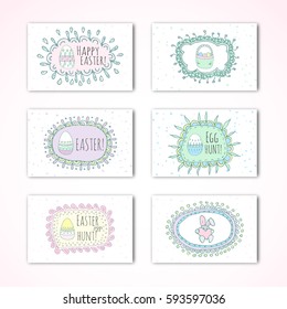 Hand drawn doodle Ester eggs icons with funny frames set Vector illustration.spring bunny symbols collection Cartoon decoration elements: egg, rabbit, basket, bunny footprint, hunt, hearts, boarders