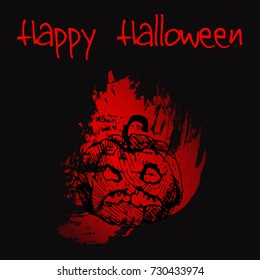 Hand drawn doodle evil pumpkin. Black illustration, red painted background. Happy Halloween. Infographics advertising banner poster, flyer, design menu template.