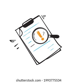 hand drawn doodle Exclamation mark magnifying glass on business document illustration vector isolated